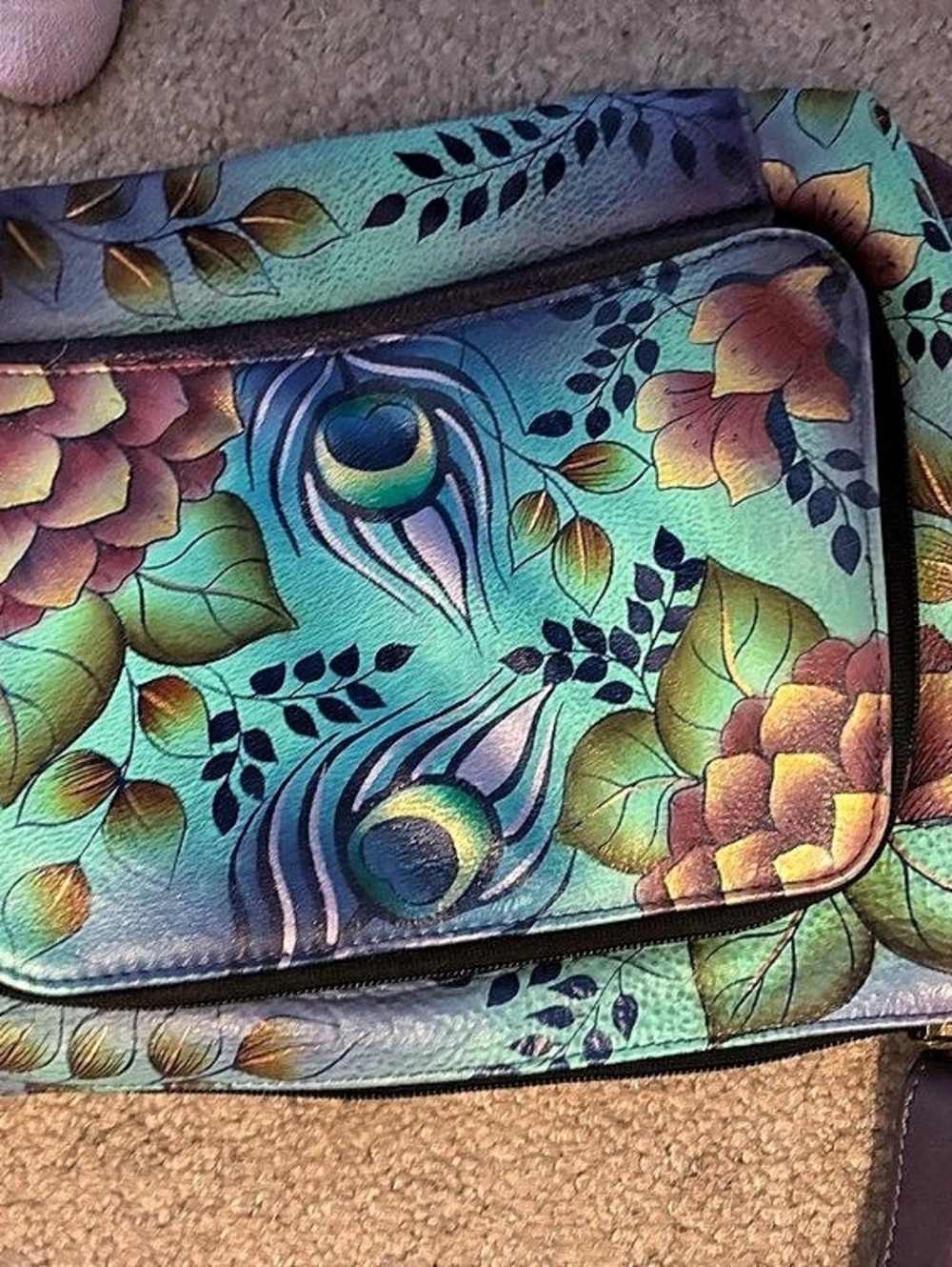 Anuschka Floral Peacock Print Crossbody in Blue & Green
